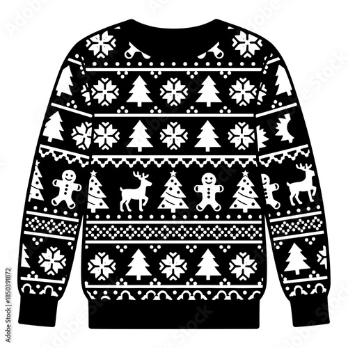 Black and white graphic of a traditional fair isle style christmas sweater with holiday patterns