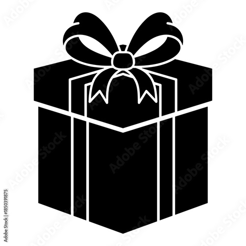 Simple black silhouette icon representing a beautifully wrapped gift box tied with a decorative ribbon