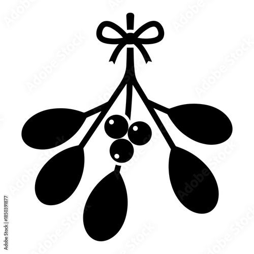 Simple black silhouette icon of a hanging mistletoe sprig tied with a delicate festive bow