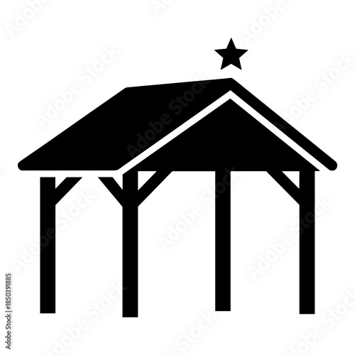 Simple black silhouette icon representing a nativity stable structure with a star on top