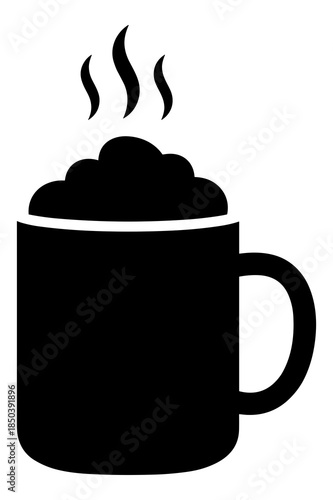 Simple black and white icon representing a steaming hot mug of coffee or cocoa beverage