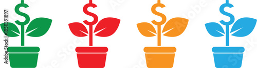 Money plant icon set symbolizes financial growth, investment, profit, and business success.