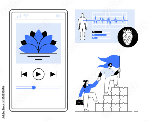 Wellness technology, collaboration, fitness app usage, health monitoring, teamwork, personal growth. Yoga app interface, health stats chart and people collaborating. Wellness technology