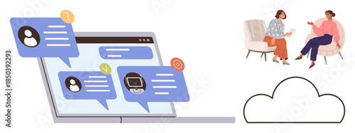 Digital chat messages on a laptop screen paired with two people connecting face-to-face. Ideal for communication, teamwork, remote work, tech, collaboration, networking, education. Simple flat