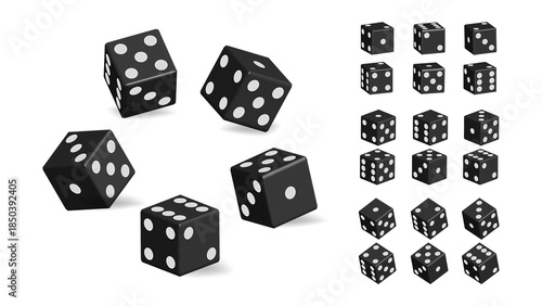 Realistic Black Dice Set Vector – 3D Casino Game Cubes with All Dice Faces, Gambling, Board Game and Probability Concept. 