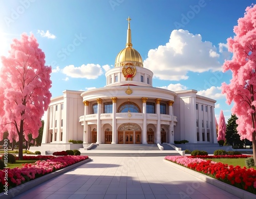 Grand, ornate white building with golden dome, framed by pink trees under a sunny, blue sky