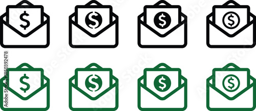 This salary and payment envelope icon set represents income, payroll, salary payment, and financial transactions.