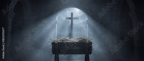 Scene with a cross and a wooden table in a dimly lit space