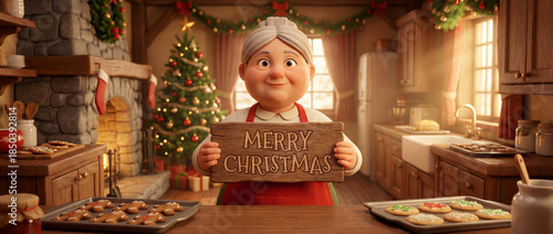 Grandma holds Merry Christmas sign in cozy kitchen with decorations