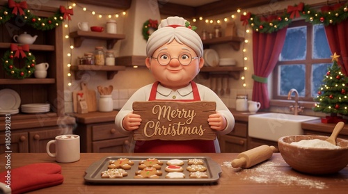 Grandma holds sign in kitchen during Christmas time