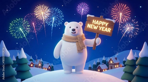 Happy New Year celebration with a bear and fireworks in winter