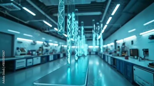Futuristic Laboratory with Glowing DNA Strands and Advanced Technology.