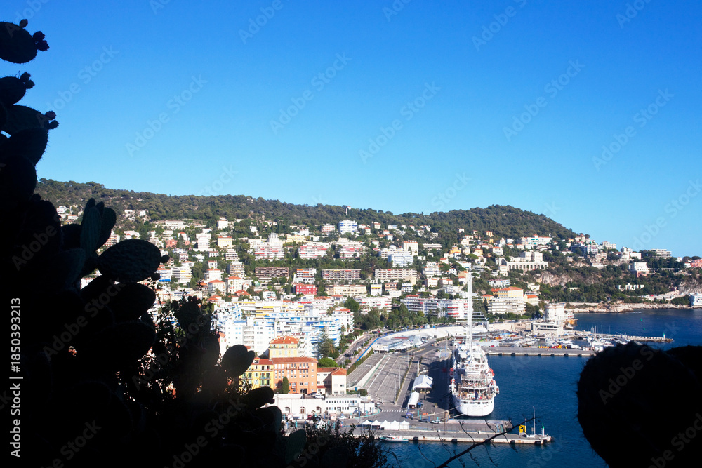 Fototapeta premium Widok na port i wille zamożnych, Prowansja-Alpy-Lazurowe Wybrzeże, Alpy Nadmorskie, Nicea, Francja, View of the harbor and villas of the wealthy, Provence-Alpes-Côte d'Azur, Alpes-Maritimes, Nice, Fr