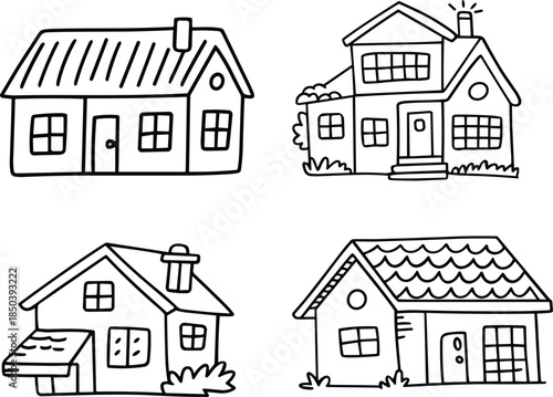 Collection of Hand Drawn Outline Houses, real estate concept