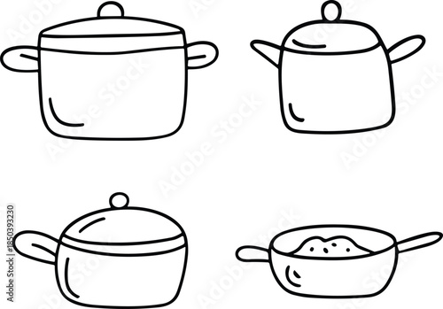 Collection of Hand Drawn Kitchen Pots and Pans, kitchenware concept