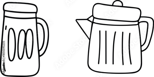 Simple Line Art Kitchenware Pitcher and Teapot, tea time concept