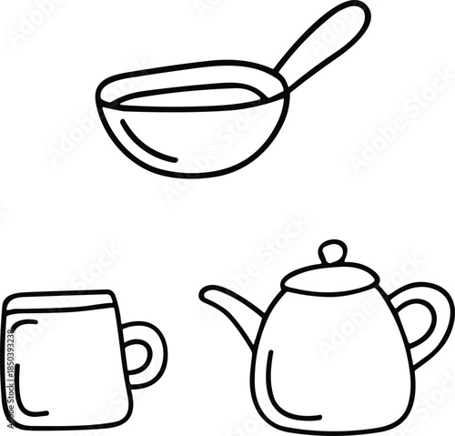 Hand Drawn Kitchen and Tea Utensils, home kitchen concept