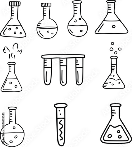 Hand Drawn Chemistry Lab Glassware Doodle Set, science education concept
