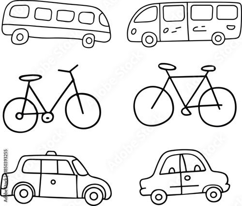 Collection of Hand Drawn Doodle Vehicles and Transportation, mobility concept