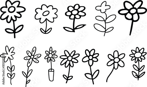 Collection of Hand Drawn Doodle Flowers in Black Outline, floral design concept