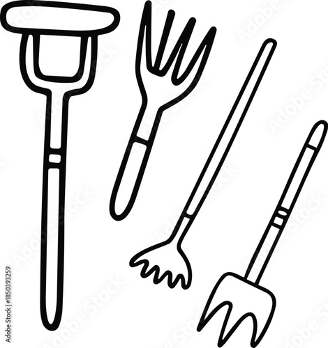 Simple Line Art Set of Essential Gardening Tools, gardening concept
