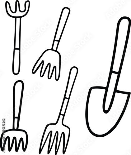 Hand Drawn Outline of Gardening Tools Collection, home gardening concept