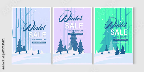winter sale template with snow landscape tree