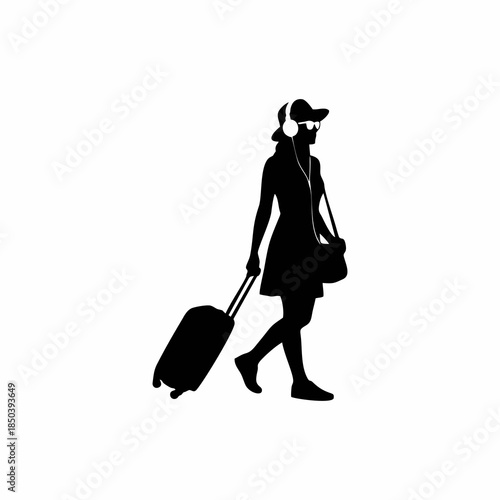 vector silhouette of a woman wearing headphones carrying a suitcase going on vacation

