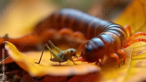 Macro shot of a millipede and a grasshopper on fallen leaves.