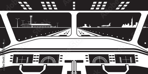 View to airport terminal from the cockpit of the plane landing by night – vector illustration