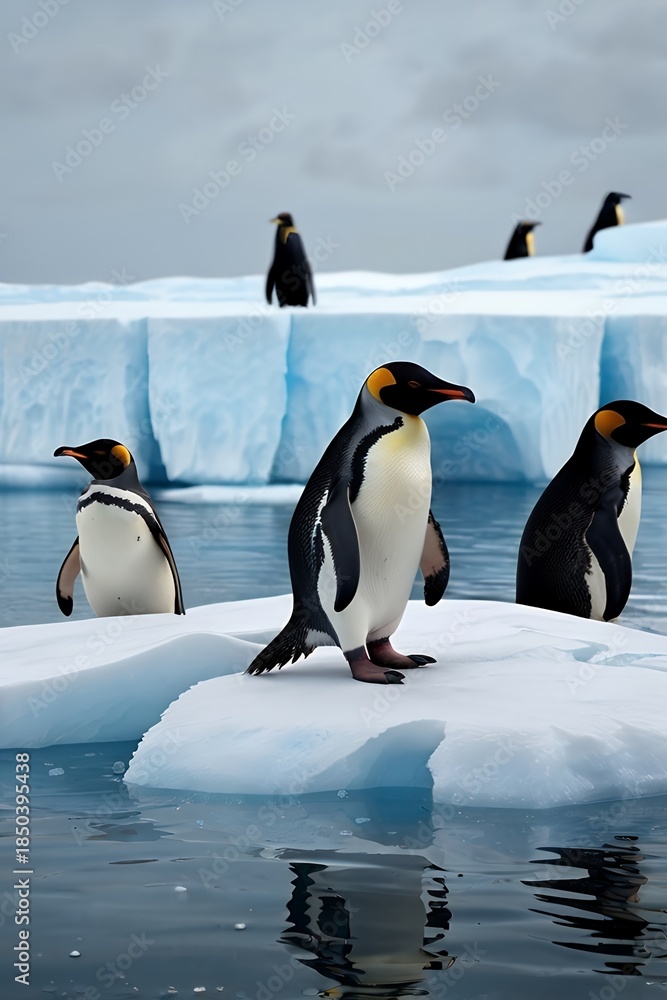 Obraz premium مجموعة من طيور البطريق تتجمع فوق منصة جليدية عائمة