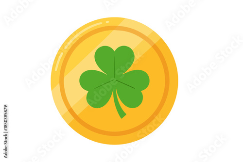 Vibrant vector illustration of a lucky gold coin featuring a radiant green three-leaf clover, symbolizing fortune, prosperity, and good luck for Irish celebrations
