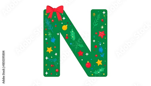 Holiday letter N festive, green, decorated with leaves, stars, ornaments, and a red bow on top, against a white background