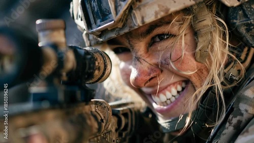 Soldier Aiming Rifle While Smiling During Training in Outdoor Location Generative AI