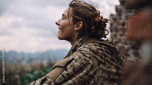 Woman in Military Uniform Smiles While Sitting by Brick Wall Generative AI