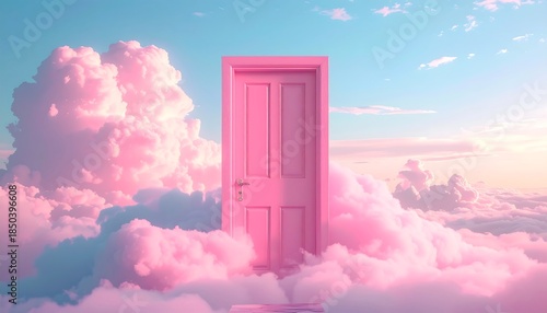 Pink door stands in fluffy pink clouds beneath a blue sky, suggesting an ethereal, dreamlike, imaginative scene
