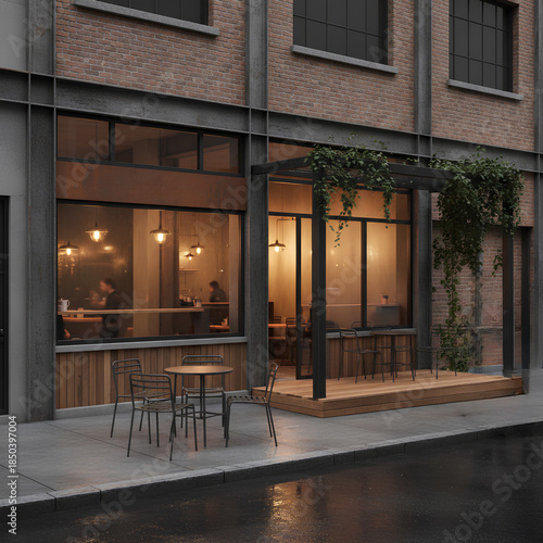 Wallpaper Mural Warm modern cafe with brick facade and glowing interior lights, featuring outdoor seating on a quiet city street during a rainy evening.
 Torontodigital.ca