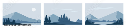 Minimalistic winter landscapes in blue colors. Mountains, lake and fir tree vector illustrations