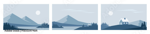 Minimalistic winter landscapes in blue colors. Mountains, river and house on the hill vector illustrations