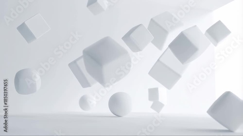 Abstract 3D animation of white cubes and spheres floating and tumbling in zero gravity within a clean minimalist white space