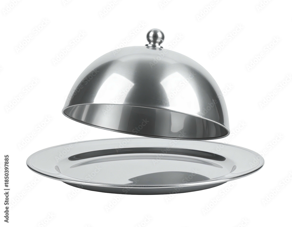 Fototapeta premium Shiny silver serving dish with lid slightly open, on a dark background