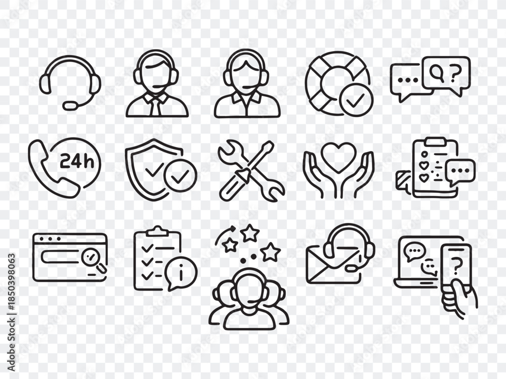 Fototapeta premium Customer Service and Technical Support Line Icons: Helpdesk, Contact, and 24 7 Assistance Vector Set 