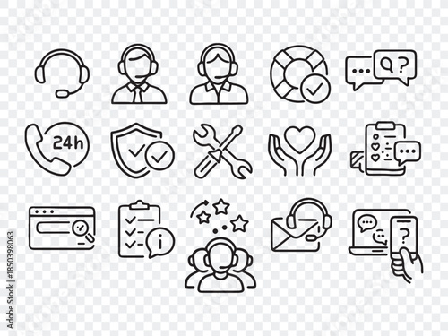 Customer Service and Technical Support Line Icons: Helpdesk, Contact, and 24 7 Assistance Vector Set 