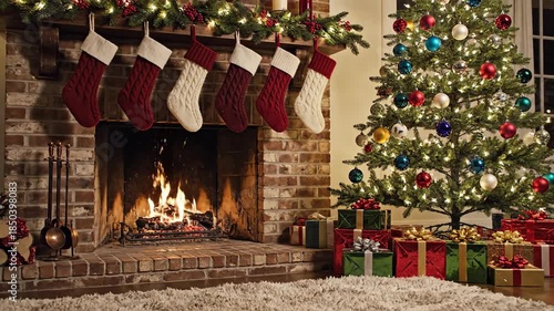 Warm Christmas scene featuring a fireplace with stockings, lit tree, and presents for celebration