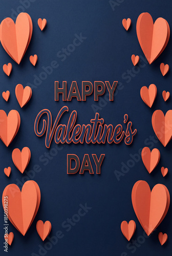 Happy Valentine's Day decoration with paper hearts on blue background
