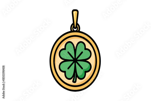 A golden circular pendant featuring a green four-leaf clover, symbolizing good luck and fortune