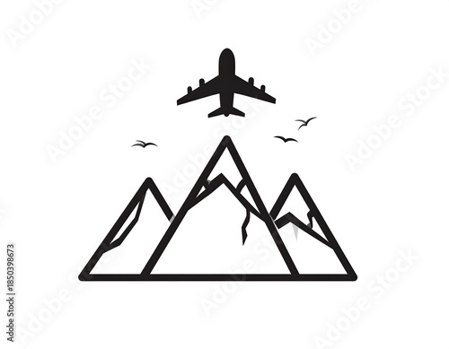 Graphic depicting an airplane flying over jagged mountains, stylized in a simple black-and-white line drawing