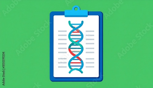 Graphic of a clipboard with a stylized DNA strand and lines of text, all set against a solid green background