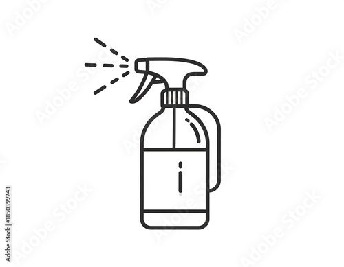 Graphic outline of a spray bottle, dispensing liquid, on a plain background
