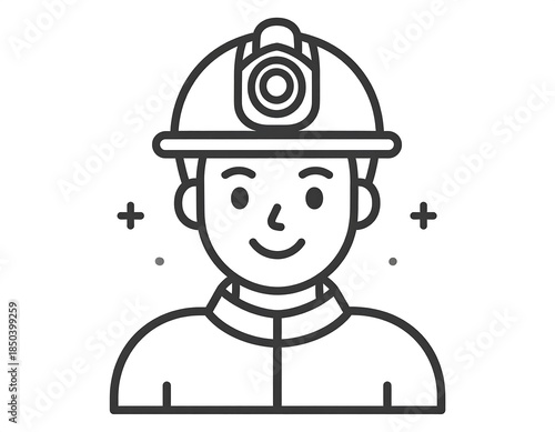 Graphic outline of a smiling person with a helmet and lamp, minimal dots, set on a crisp white background